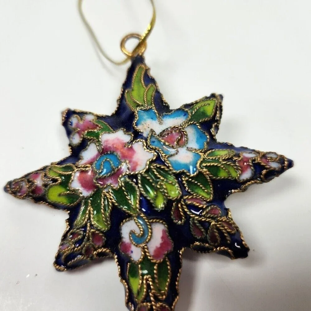 Cloisonne Star Ornament Christmas Discovery Store Blue Floral 3.5 inch Tag